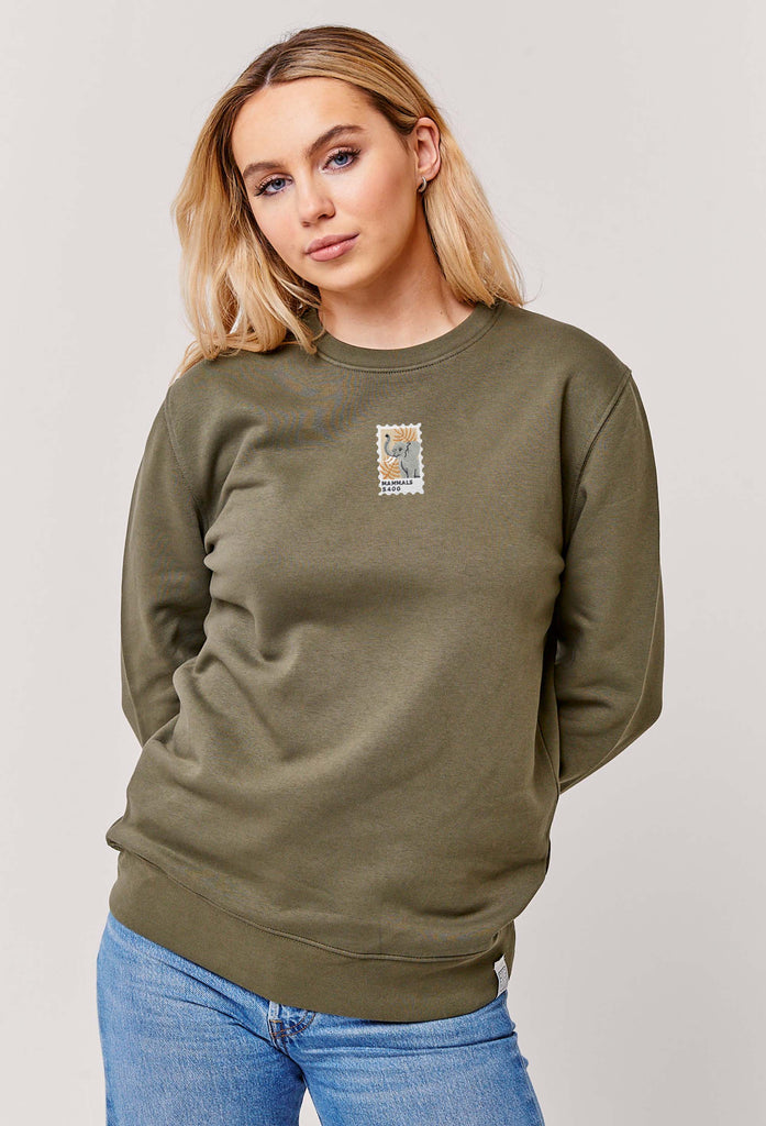 Elephant Stamp Embroidered Organic Sustainable Sweatshirt Jumper Big Wild Thought