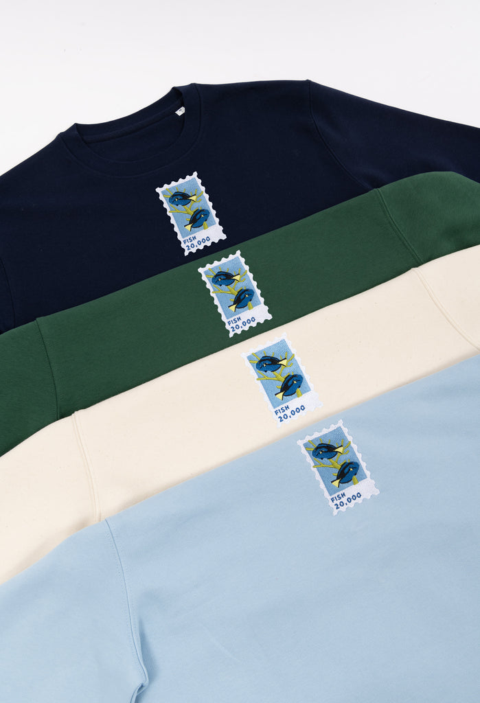 Fish Stamp Unisex Embroidered Organic Sustainable Sweatshirt Jumper Big Wild Thought
