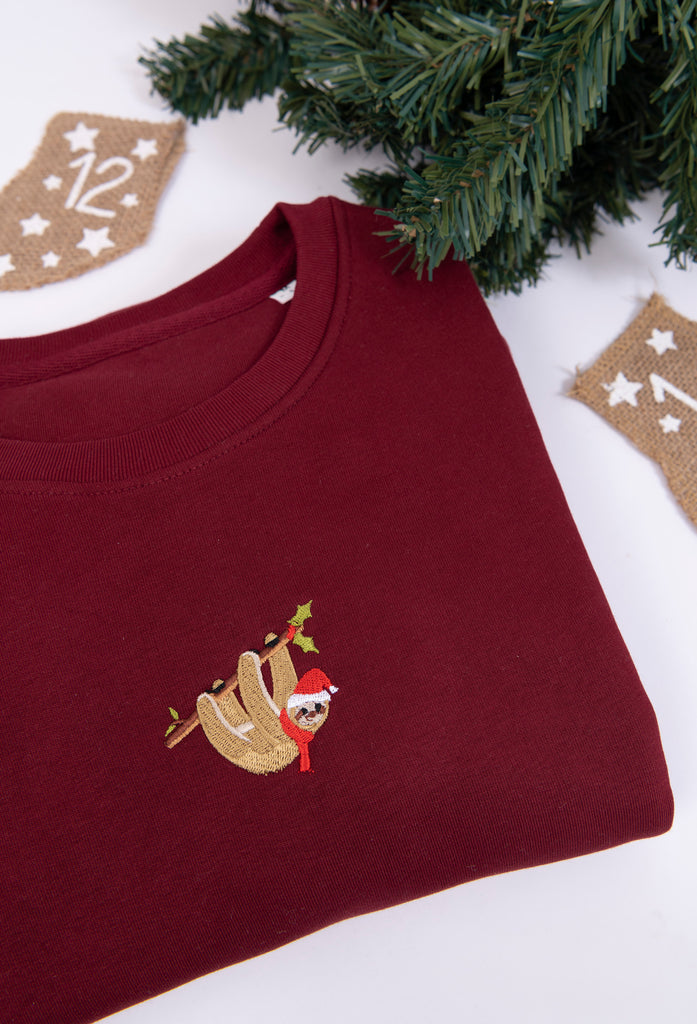 Christmas Festive Sloth Embroidered Organic Sustainable Sweatshirt Jumper Big Wild Thought